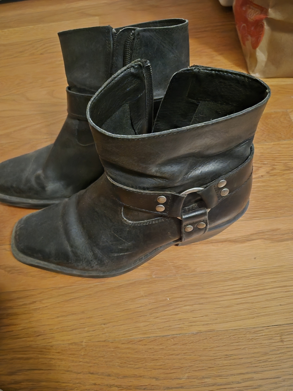 Women’s Black Leather Ankle Harness Booties with Decorative Ring